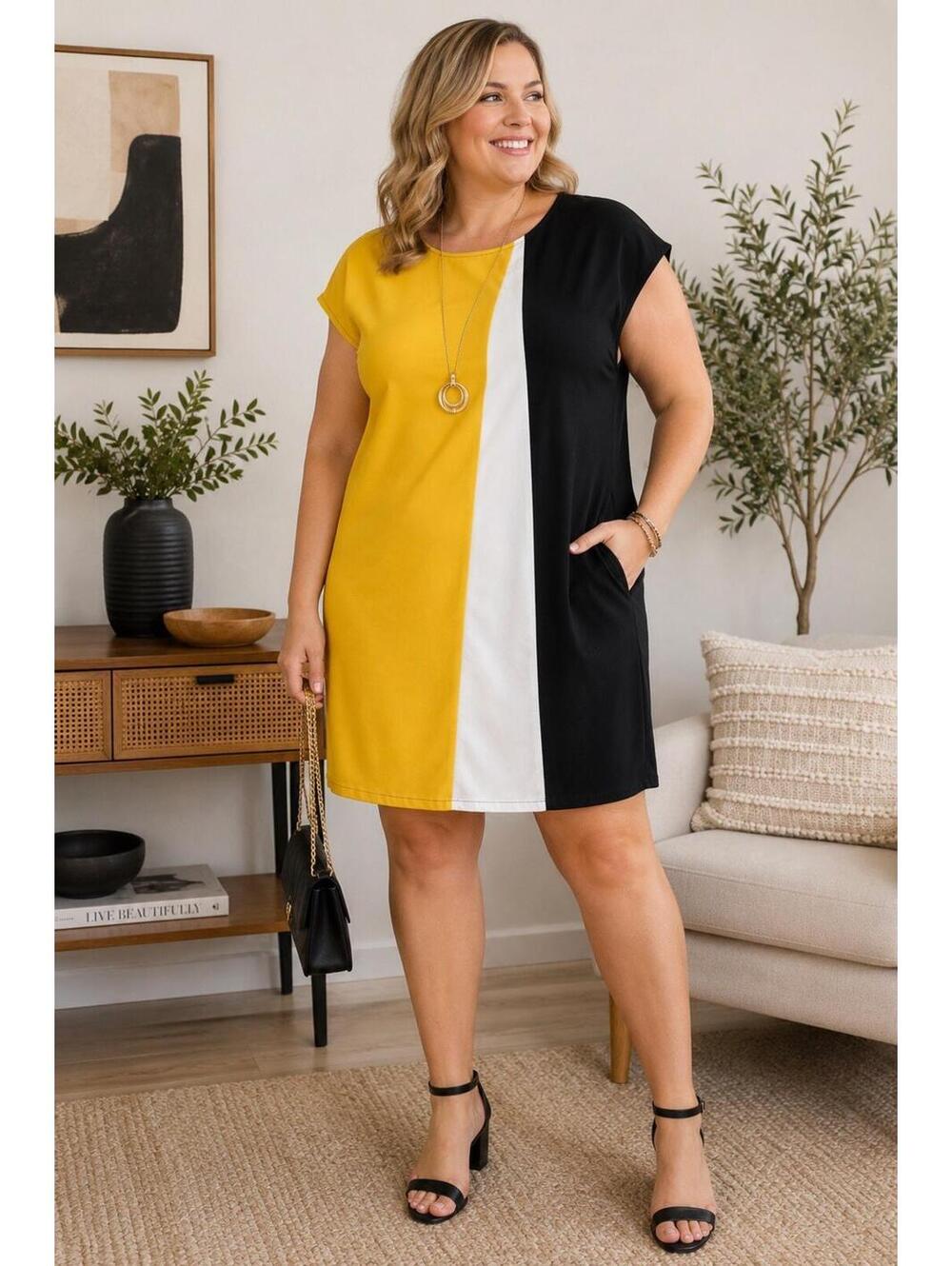 Emery Rose Plus Size Colorblock Shift Dress Yellow White Black Cap Sleeve 1XL